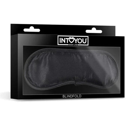 Satin Blindfold Black in packaging by Intoyou, featuring soft silk material for a luxurious bedroom experience.