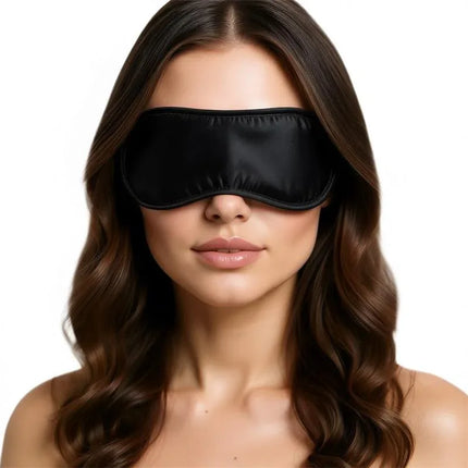 Satin Blindfold Black worn by a woman showcasing luxurious satin material and comfortable fit for enhanced bedroom experiences.