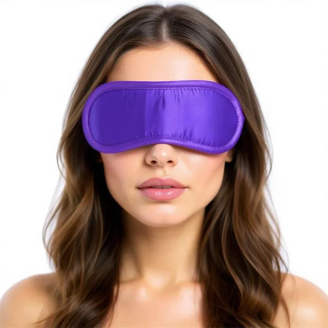 Woman wearing Satin Blindfold Purple enhancing intimate moments with luxurious satin feel from Fetish by Intoyou collection.