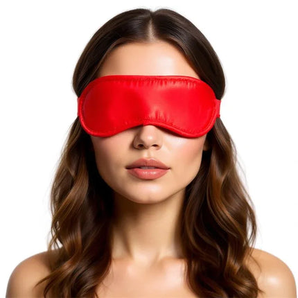 Woman wearing Satin Blindfold Red for heightened sensations during intimate play.