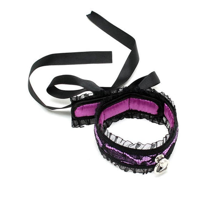 Satin Look Collar Purple with satin bow and adjustable fit, luxurious and durable nylon accessory in rich purple and black lace design.