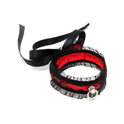 Satin Look Collar with black ribbon and red lace accents