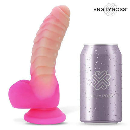Scalidor Luminiscent Unicorn Liquid Silicone Dildo 18 cm with Engily Ross branding next to a silver can.