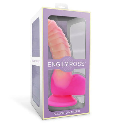 Scalidor Luminiscent Unicorn Liquid Silicone Dildo 18 cm in packaging by Engily Ross, premium body-safe design.