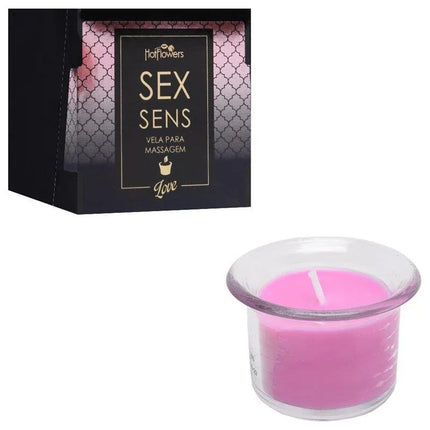 Scented massage candle Love in jar next to black packaging with patterns, ideal for relaxation and setting a romantic mood.