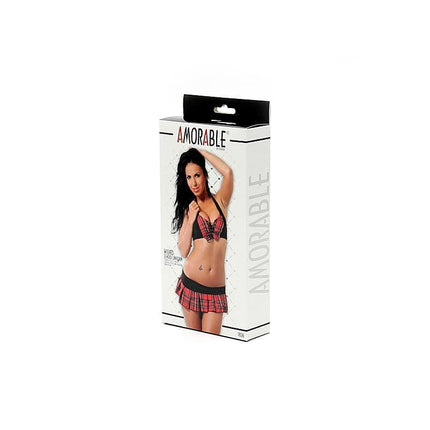 School Uniform Costume Top and Skirt packaging with model wearing flirty two-piece set in black and red plaid, perfect for role-play.