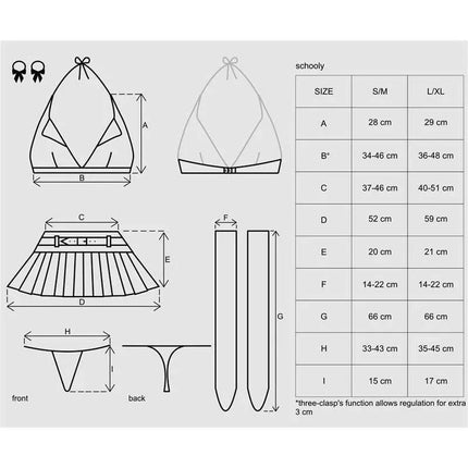 Size chart for Schooly Uniform Set of 5 Pieces, showing measurements for S/M and L/XL.