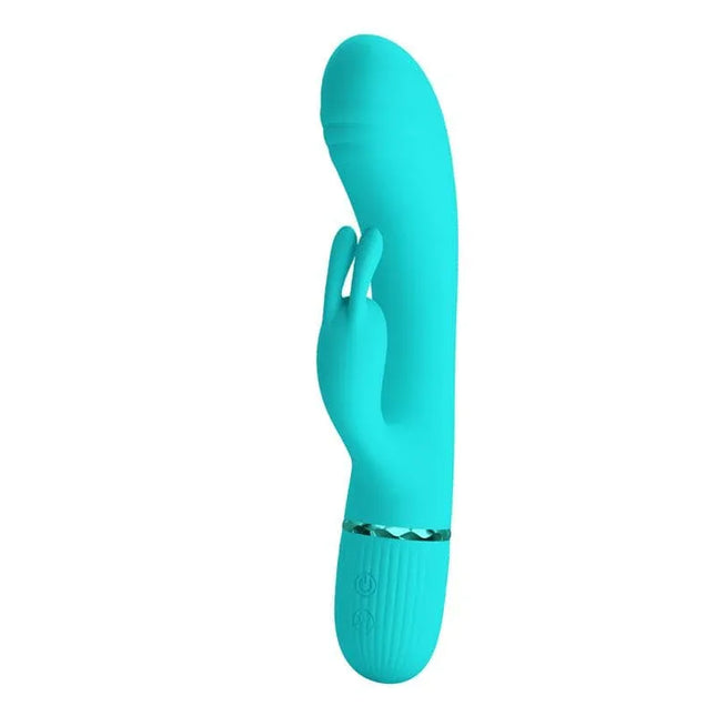 Scocco Rabbit Vibrator Turquoise with flexible curved design and 10 customizable vibration functions for personalized pleasure