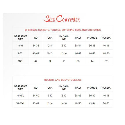 Size chart for Secred Chemise and Thong Red by Obsessive, detailing international size conversions for lingerie.