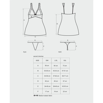 Secred Chemise and Thong Red size chart and measurements by Obsessive.