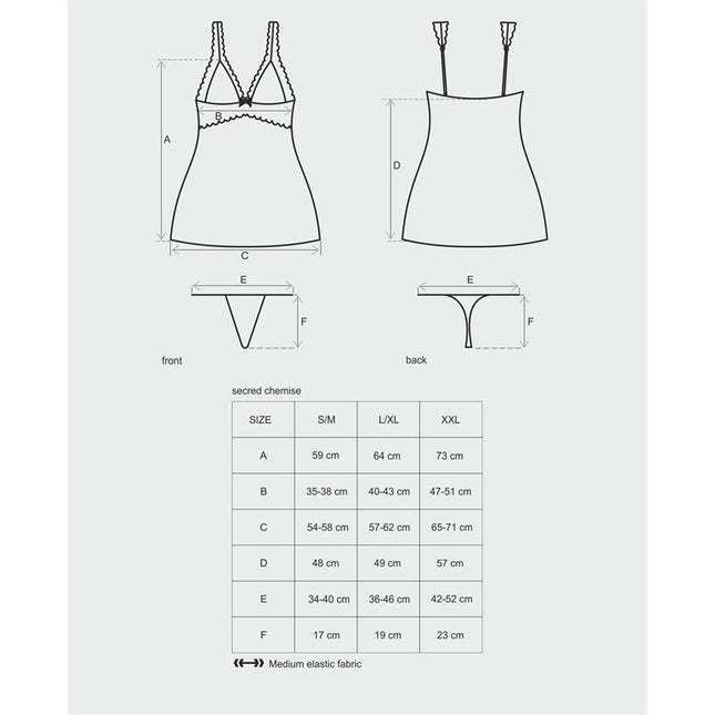 Secred Chemise and Thong Red size chart and measurements by Obsessive.