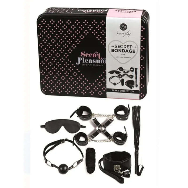 Secret Play Set 8 Pieces Black Set featuring bondage accessories including cuffs and a whip in an elegant black package.