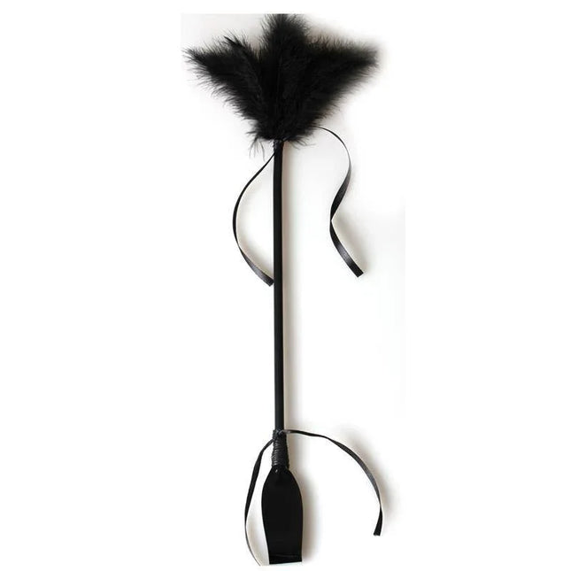 Secret Play Black Duster And Riding Crop with feathers and patent leather accents