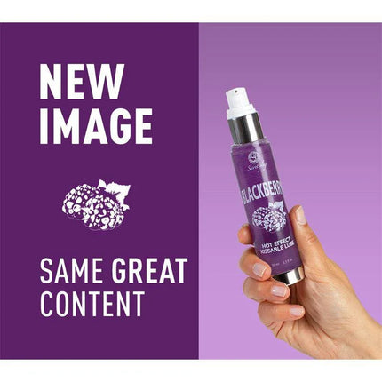 Secret Play Hot Effect Blackberry Lubricant 50 ml bottle with purple packaging and a hand holding it.