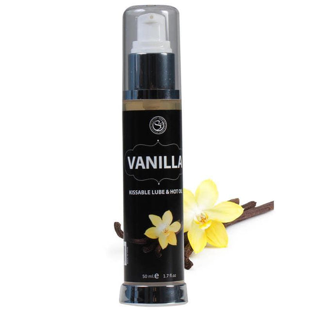 Secret Play Hot Effect Vanilla Lubricant 50 ml bottle with vanilla flower