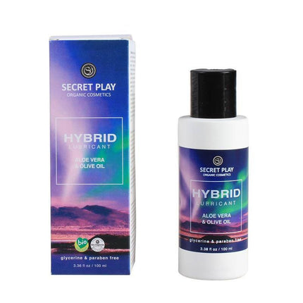 Secret Play Hybrid Lubricant with aloe vera and olive extract, certified organic, water-based formula for smooth glide, 100ml bottle.
