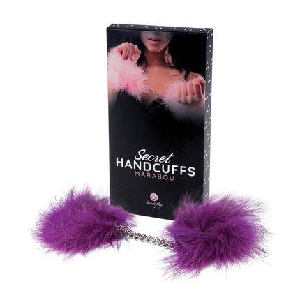 Secret Play Purple Marabou Handcuffs in packaging with fluffy purple feathers for luxurious intimate play.