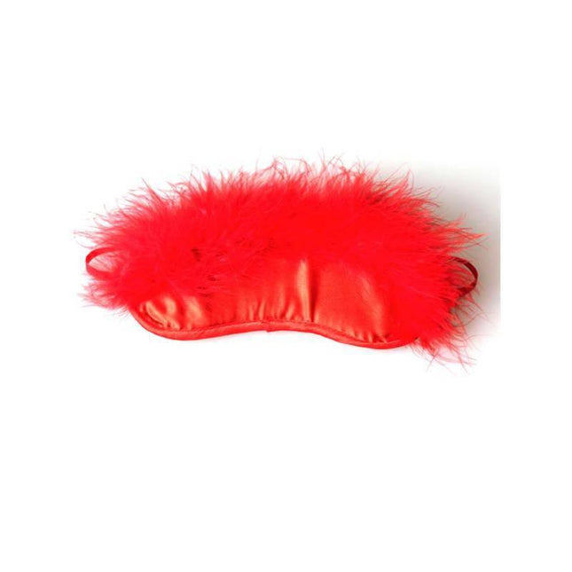 Secret Play Red Marabou Blindfold with plush padding and marabou trim, designed for sensory play and intimate moments.