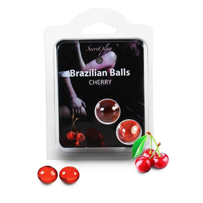 Secret Play Set 2 Brazilian Balls Cherry Aroma packaging with massage oil balls and fresh cherries