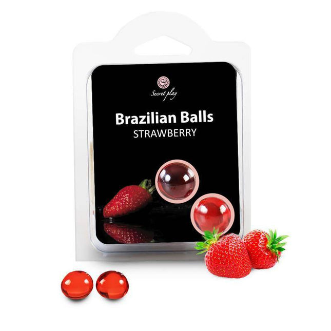 Secret Play Set 2 Brazilian Balls Strawberry Aroma package with strawberries and massage balls.
