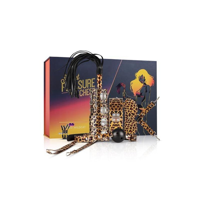 Secret Pleasure Chest Wicked Wildcat BDSM set with leopard print, including ball gag, cuffs, mask, flogger, and collar with leash.