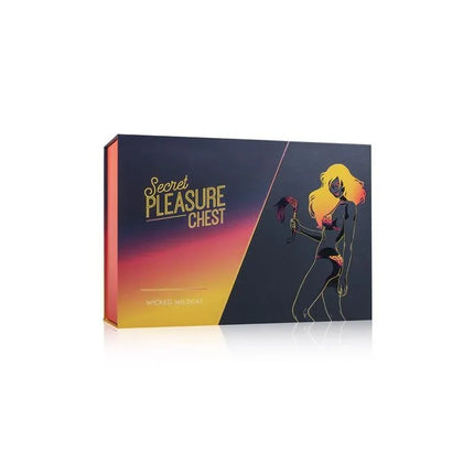 Box of Secret Pleasure Chest Wicked Wildcat BDSM set with illustrated female figure on packaging.