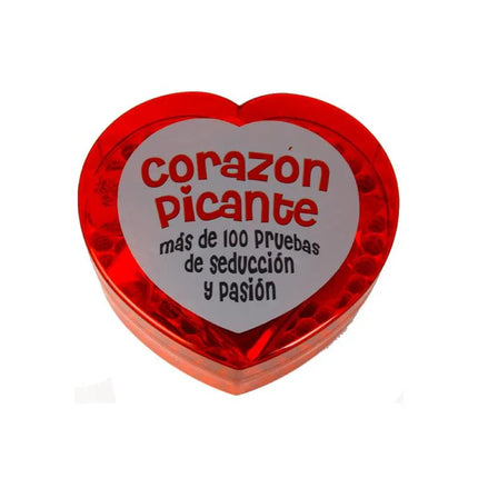 Seductive Heart Game with 100 Tests packaging in a red heart-shaped box with Spanish text on the label
