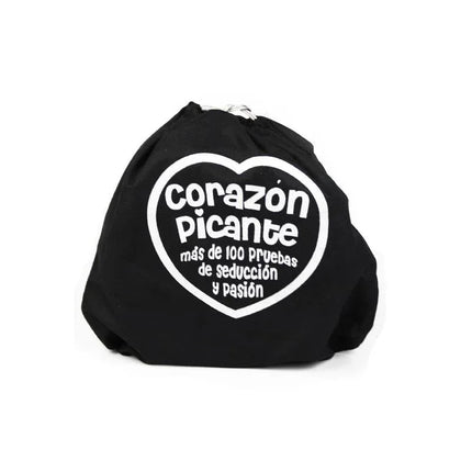Black pouch of Seductive Heart Game with 100 Tests for couples, featuring a heart-shaped design and text in Spanish.