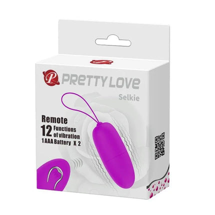 Packaging of the Selkie Vibrating Egg with Remote Control displaying product features like 12 vibrating modes and AAA battery usage.
