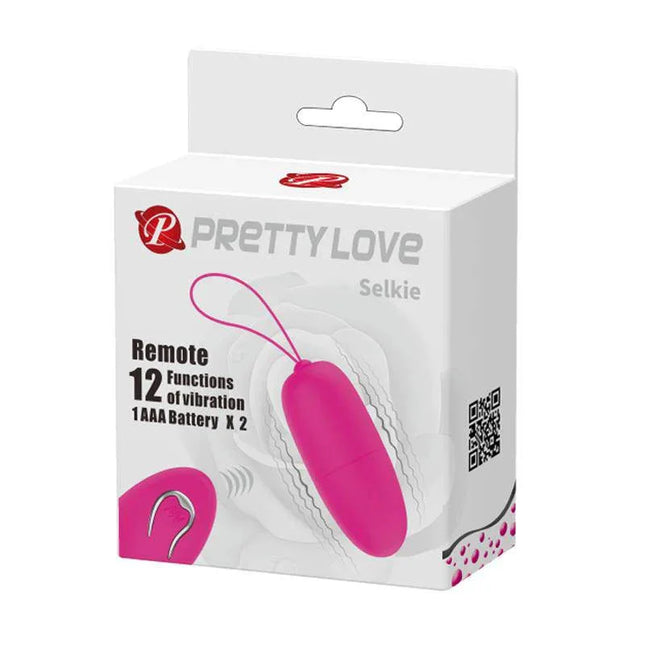 Selkie Vibrating Egg with Remote Control packaging showing 12 vibration functions in pink.