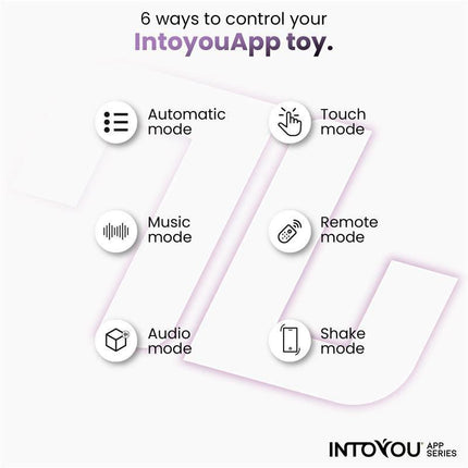 Infographic showing 6 control modes for Intoyou® App Series: Automatic, Touch, Music, Remote, Audio, and Shake.