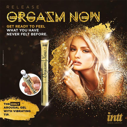 Sensitizing Gel with Vibrating Tip Orgasm Now 15 ml tube with glamorous design and woman featured, promising unique intimate sensations.