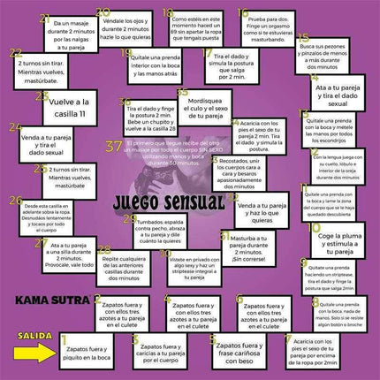 Sensual Board Game for Enhancing Intimacy with purple background and Spanish game instructions.