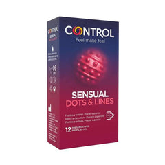 Box of Sensual Dots & Lines 12 uds condoms featuring unique texture for intense stimulation.