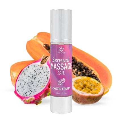 Luxurious Sensual Massage Oil Exotic Fruits 50 ml bottle with exotic fruit background for enhanced relaxation.