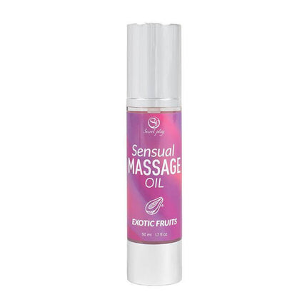 Sensual Massage Oil Exotic Fruits 50 ml bottle with vibrant label for relaxing and intimate massage experiences.