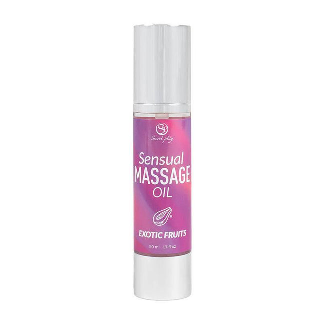 Sensual Massage Oil Exotic Fruits 50 ml bottle with vibrant label for relaxing and intimate massage experiences.