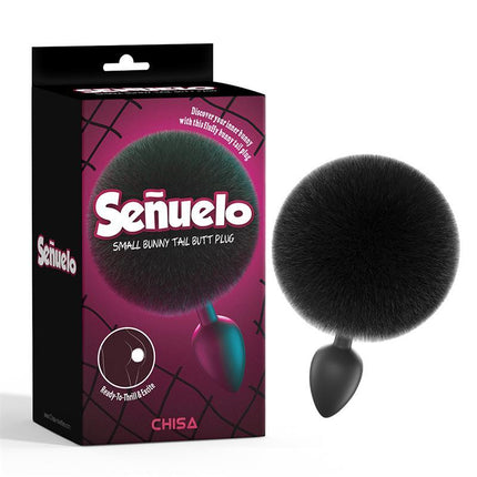 Señuelo Small Bunny Tail Butt Plug with black fluffy pompom tail and silicone body, boxed product view, ideal for beginners.