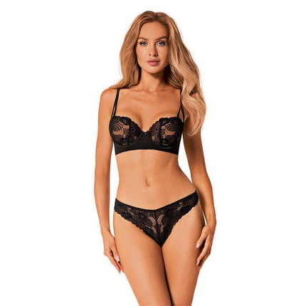 Serena Love 2 Pieces Set featuring a black lace adjustable bra and thong, showcasing luxurious and comfortable lingerie design.