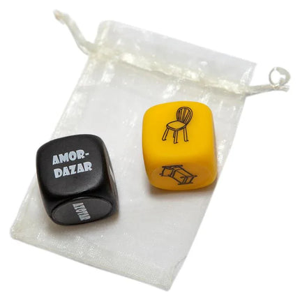 Black and yellow dice set with action and item icons in a pouch, Set 2 action die and item die
