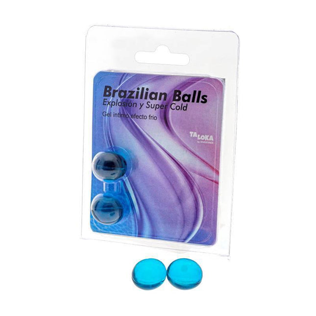 Set 2 Brazilian Balls Cold Effect packaging with blue balls, designed for intimate massage with cooling gel lubricant.