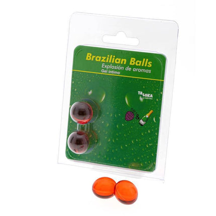 Set 2 Brazilian Balls Explosion Strawberry and Champnage Aroma in packaging with two aromatic balls ideal for massages and pleasure.