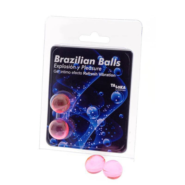 Set 2 Brazilian Balls Refresh Vibration Effect packaging with pink balls for pleasure-enhancing, oil-based stimulation.