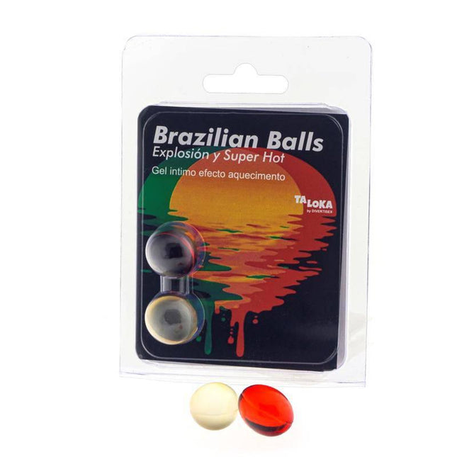 Set 2 Brazilian Balls Super Hot Efect with gel lubricant for erotic massages in packaging and two loose balls displayed.