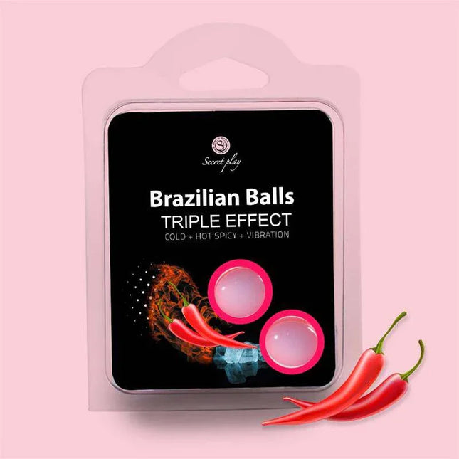 Set 2 Brazilian Balls Triple Effect (Heat, Cold and Vibration) packaging with chili peppers, highlighting 3-in-1 sensation.