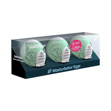 Set 3 Masturbator Egg Riffle Model packaging with three compact eggs for discreet pleasure and convenient use, ideal for travel.