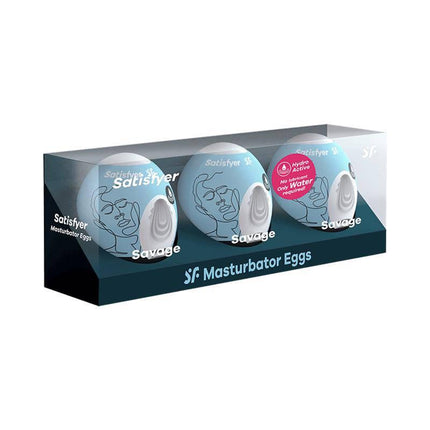 Set 3 Masturbator Egg Savage Model packaging with three eggs from Satisfyer for on-the-go pleasure and intense stimulation.