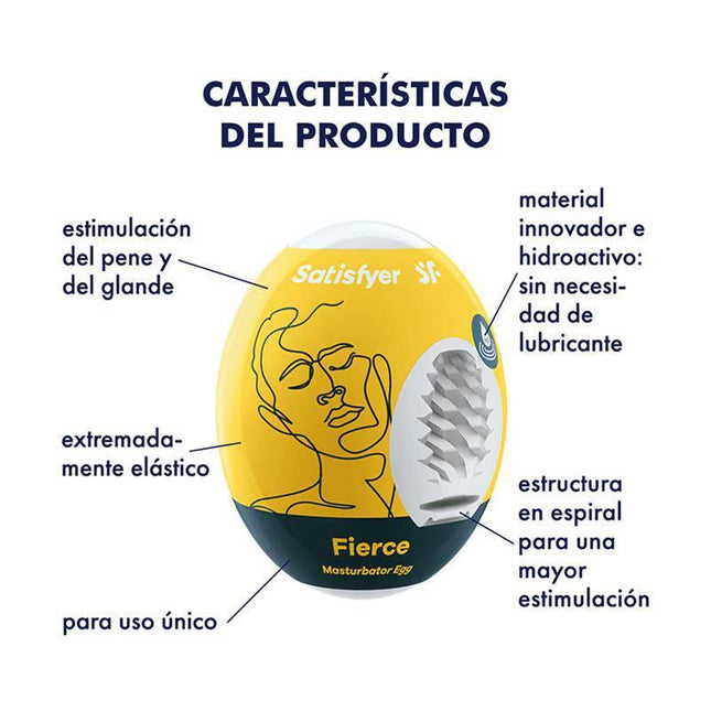 Set 3 Masturbator Eggs Fierce Model packaging showing product features in Spanish.