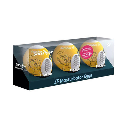 Set 3 Masturbator Eggs Fierce Model packaging with travel-friendly design by Satisfyer.