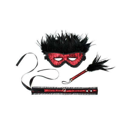Set 3 Pieces Dominiset de Lujo Red with feather mask, teaser, and collar in vibrant red nylon, designed for playful elegance.